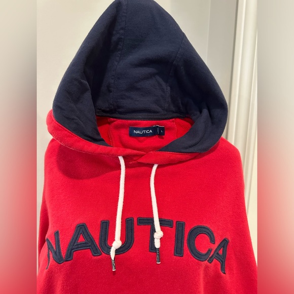 NAUTICA Red LOGO Pullover HOODIE Men’s Size Large Embroidered Kangaroo Pocket - Picture 2 of 11